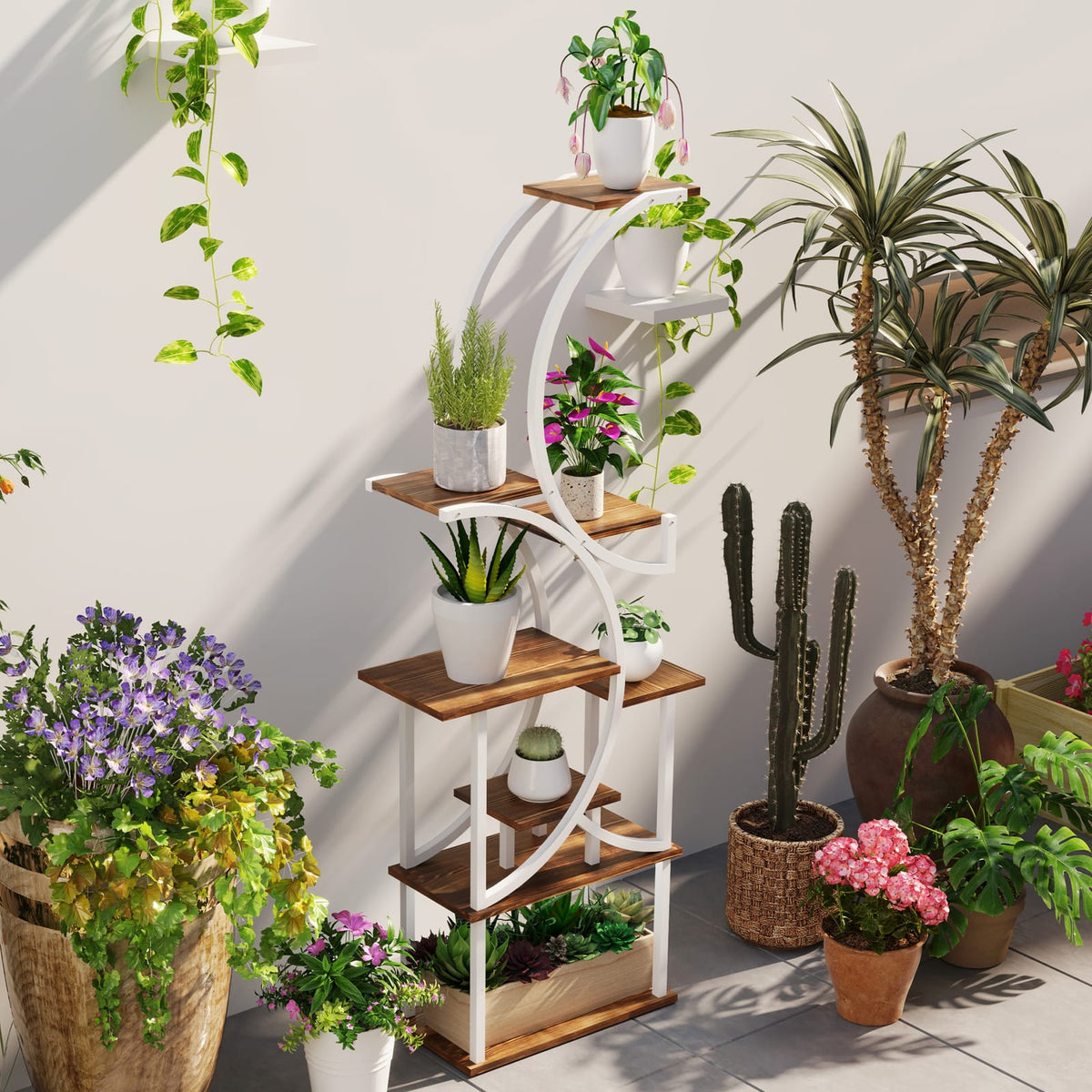 Outsunny 8 Tier Plant Stand - Tall Steel & Wood Shelf for Living Room