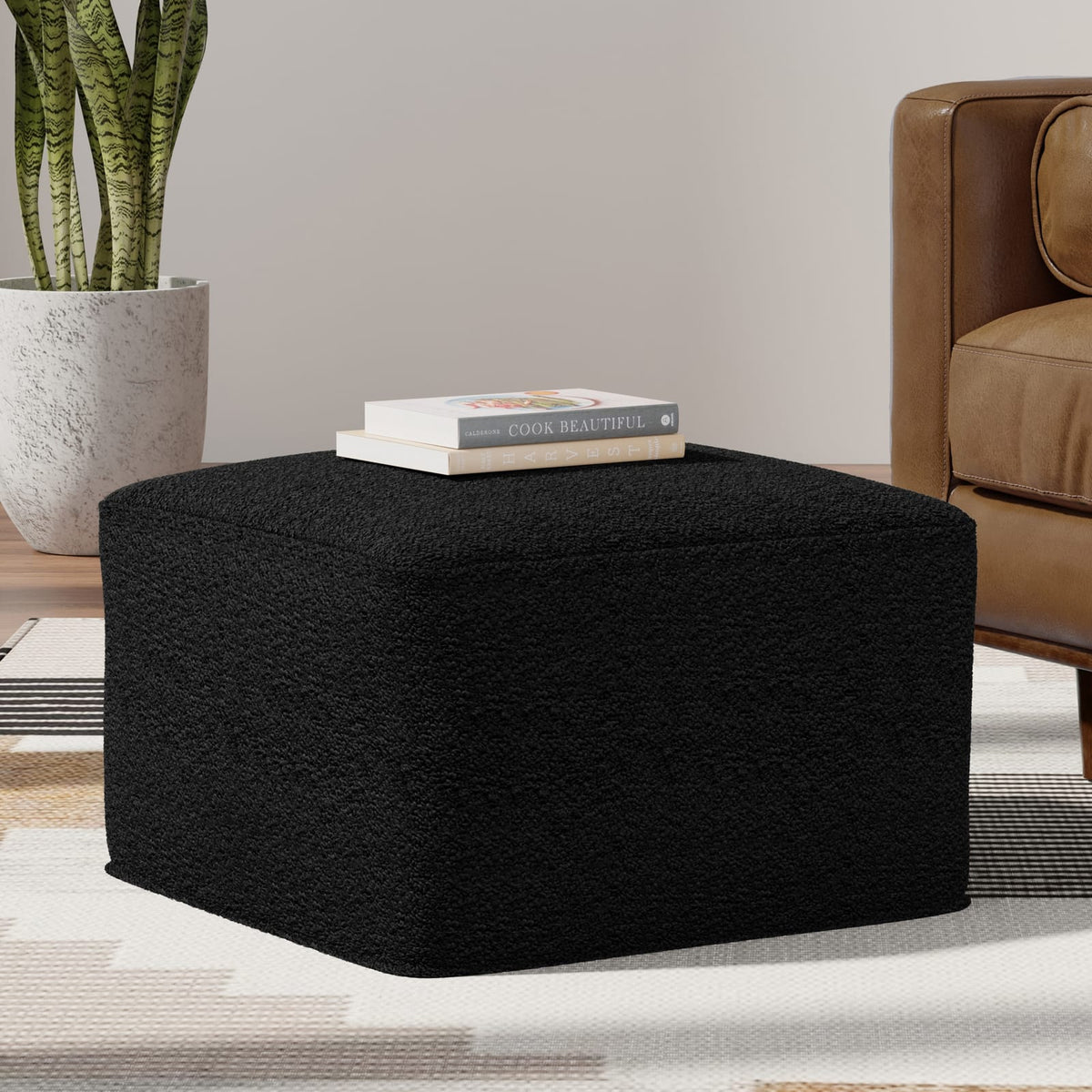 24" Black Cotton Boucle Ottoman - Living Room Footrest