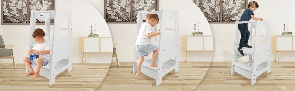 Adjustable Height Wooden Step Stool for Kids - White