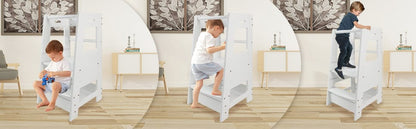 Adjustable Height Wooden Step Stool for Kids - White