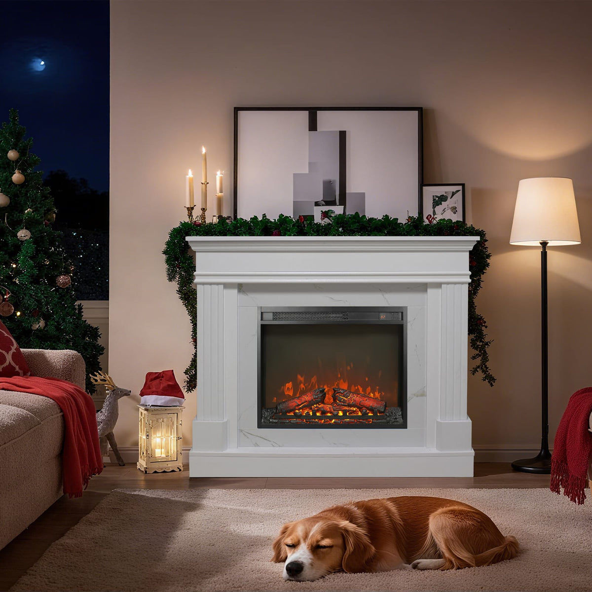 Living Room 44" Jasmine White Electric Fireplace with Mantel - Realistic Flame Effect