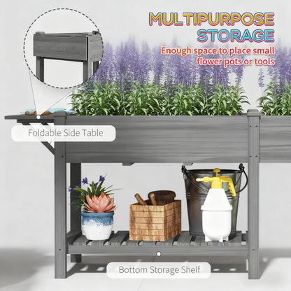 Grey Wood Raised Garden Planter with Table and Storage Shelf