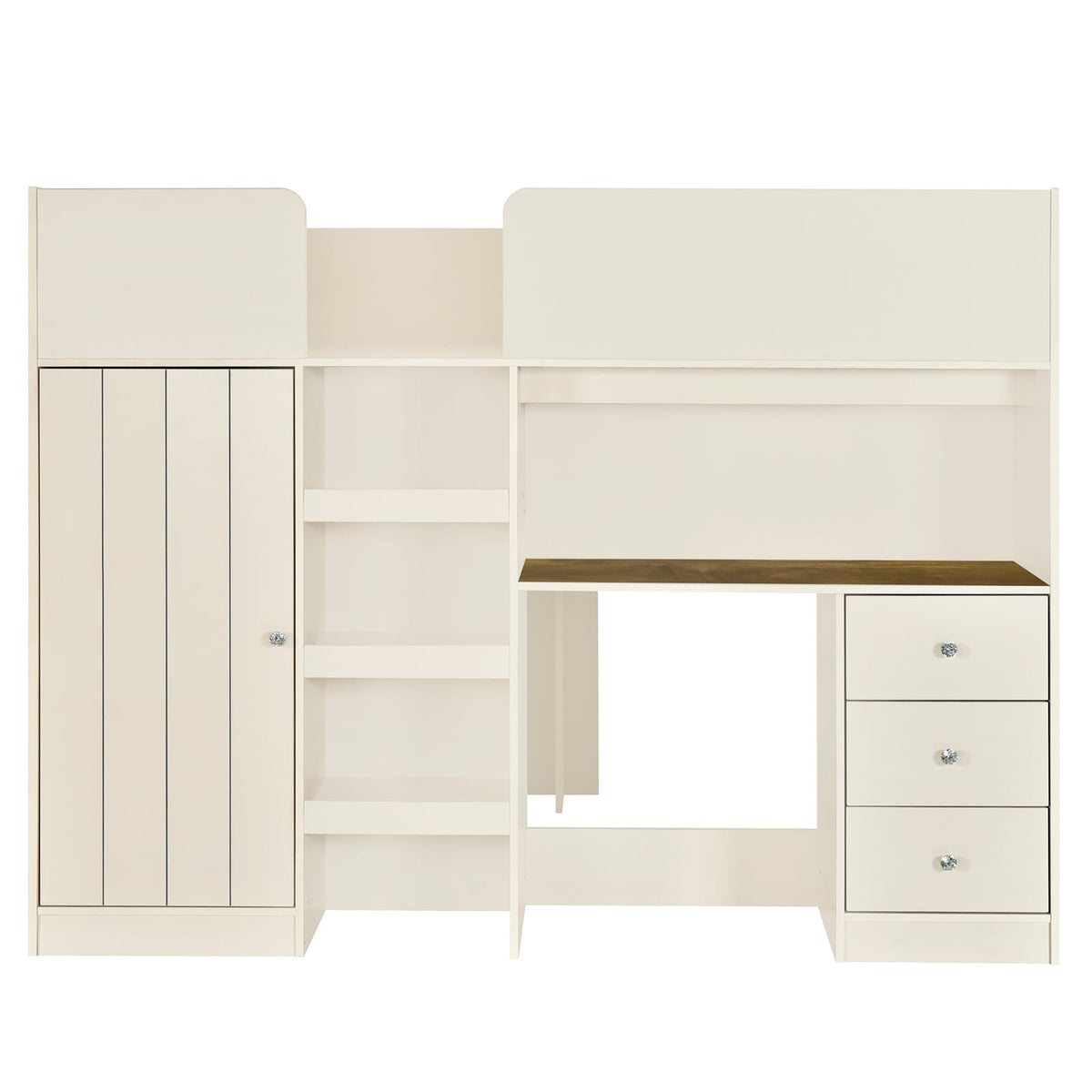 Full Size Bed Frame with Wardrobe & Desk - Beige Wood for Bedroom