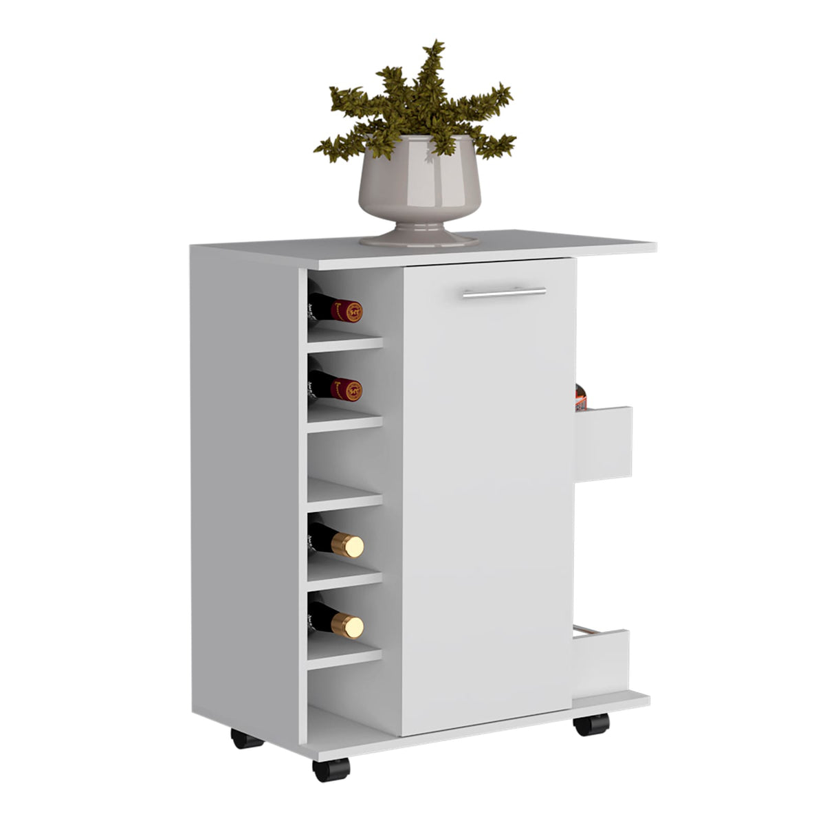 White Bar Cart with Bottle Racks - Kitchen Island Storage