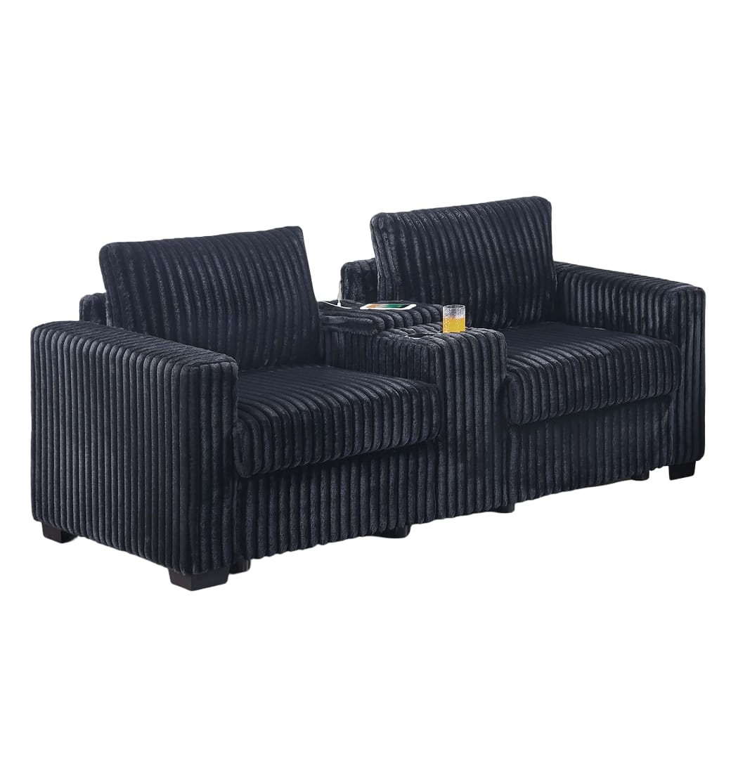 Modern Corduroy Sofa Set - 2-Piece Loveseat & Sofa Black for Living Room