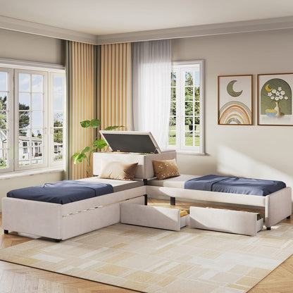 L-Shaped Platform Bed with Trundle - Twin Beige for Bedroom