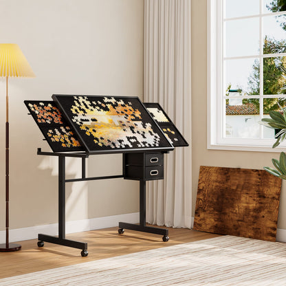 Black Jigsaw Puzzle Table with Storage Drawers