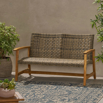 Natural Grey Acacia Wood Wicker Loveseat for Patio Seating