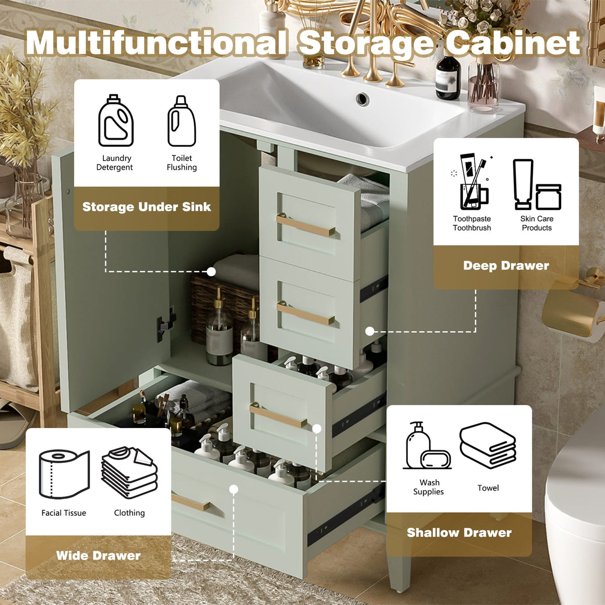 Green Bathroom Vanity with Sink - 24.8" Storage Cabinet