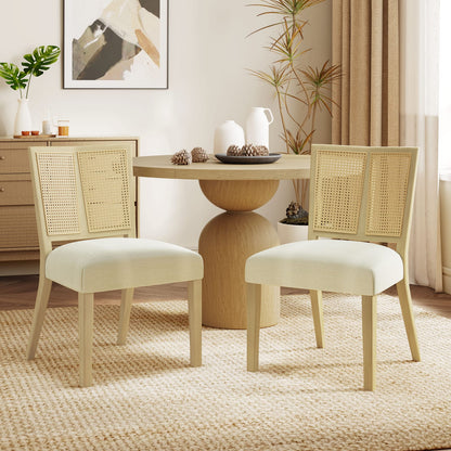 Rattan Dining Chairs Set of 2 - Beige & Natural Ash Wood
