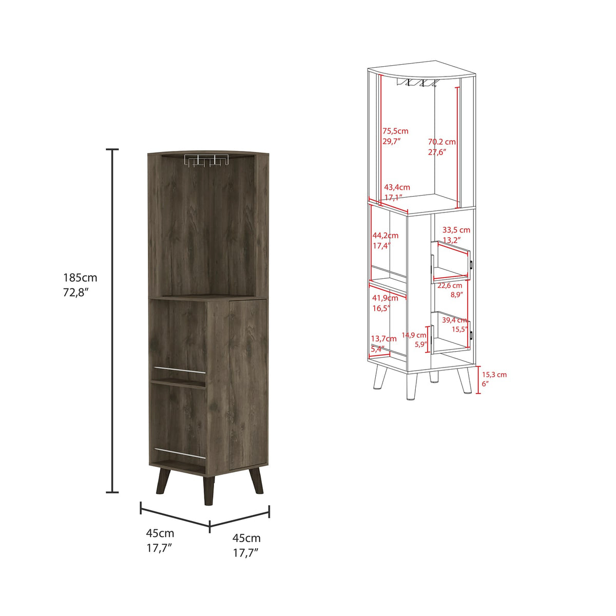 Brown Corner Bar Cabinet with Wine Rack & Shelves for Living Room