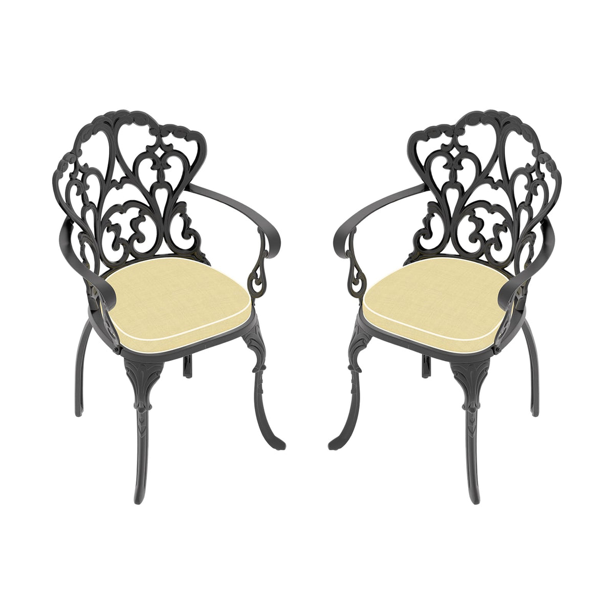 Cast Aluminum Patio Dining Chair 2PCS With Black Frame and Beige Cushions