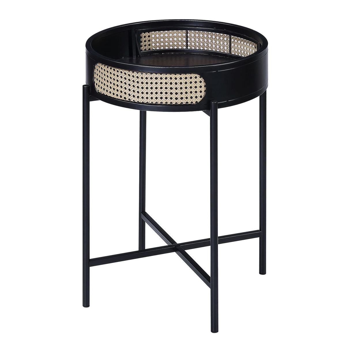 Round Black Wood Metal Nightstand Table