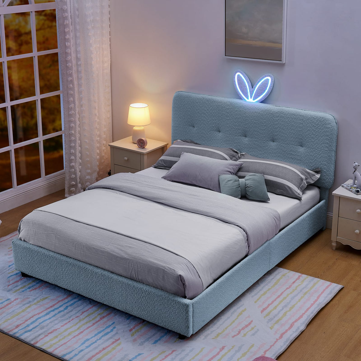 Navy Kids Upholstered Queen Bed with Storage Drawers for Bedroom