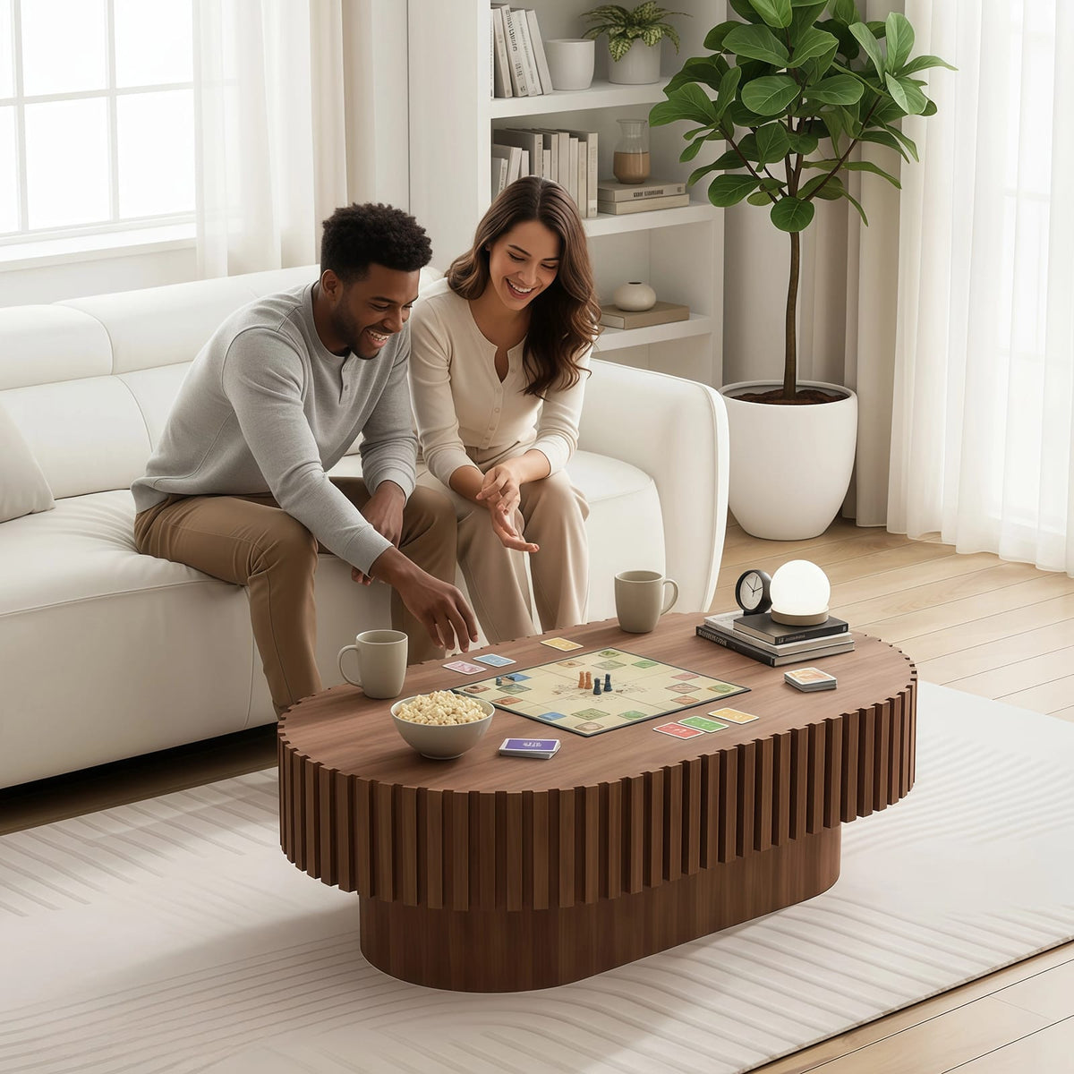 Brown Oval Coffee Table with Fluted Design for Living Room Storage