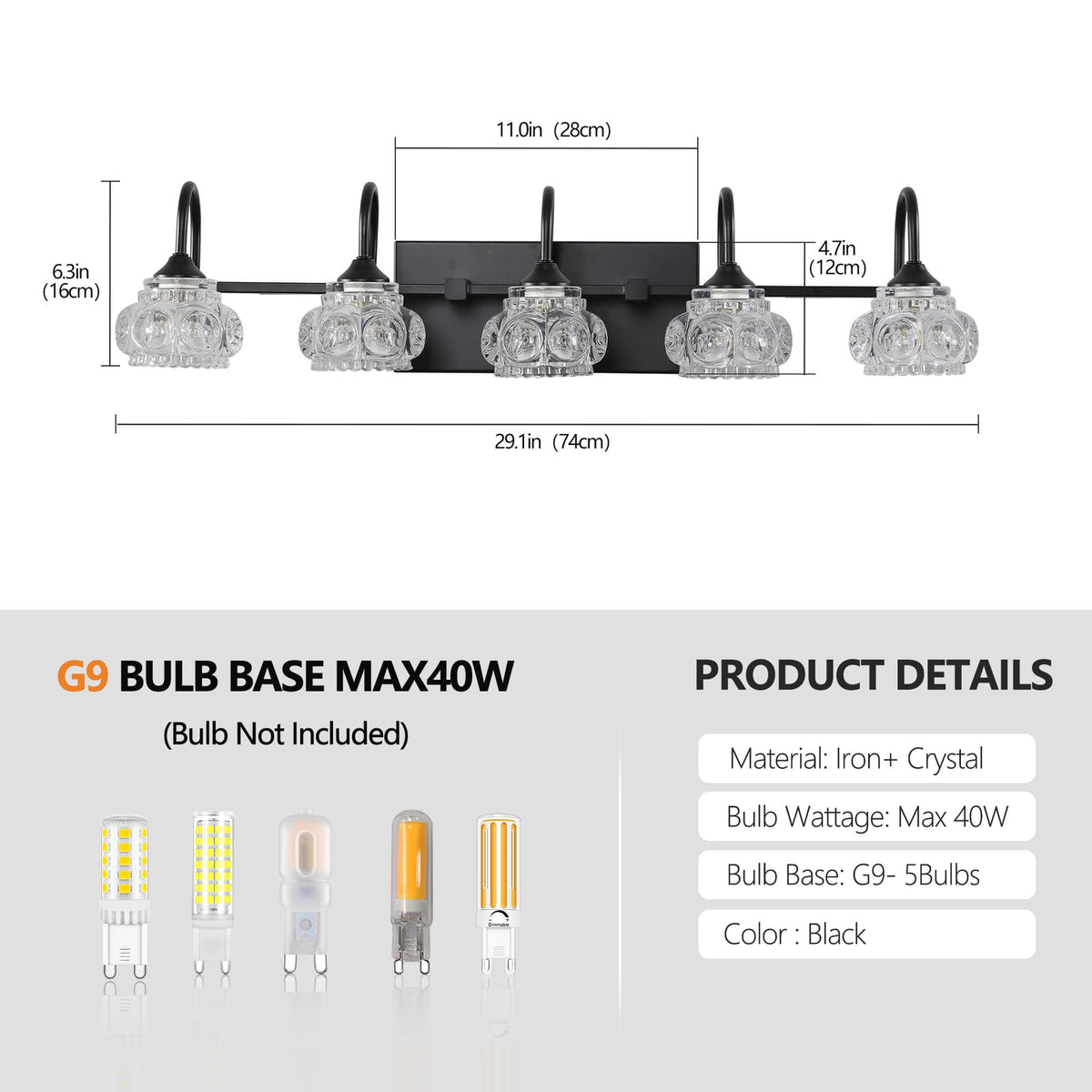 29" Retro 5-Light Bathroom Vanity Light Fixture - Black Finish with Crystal Glass