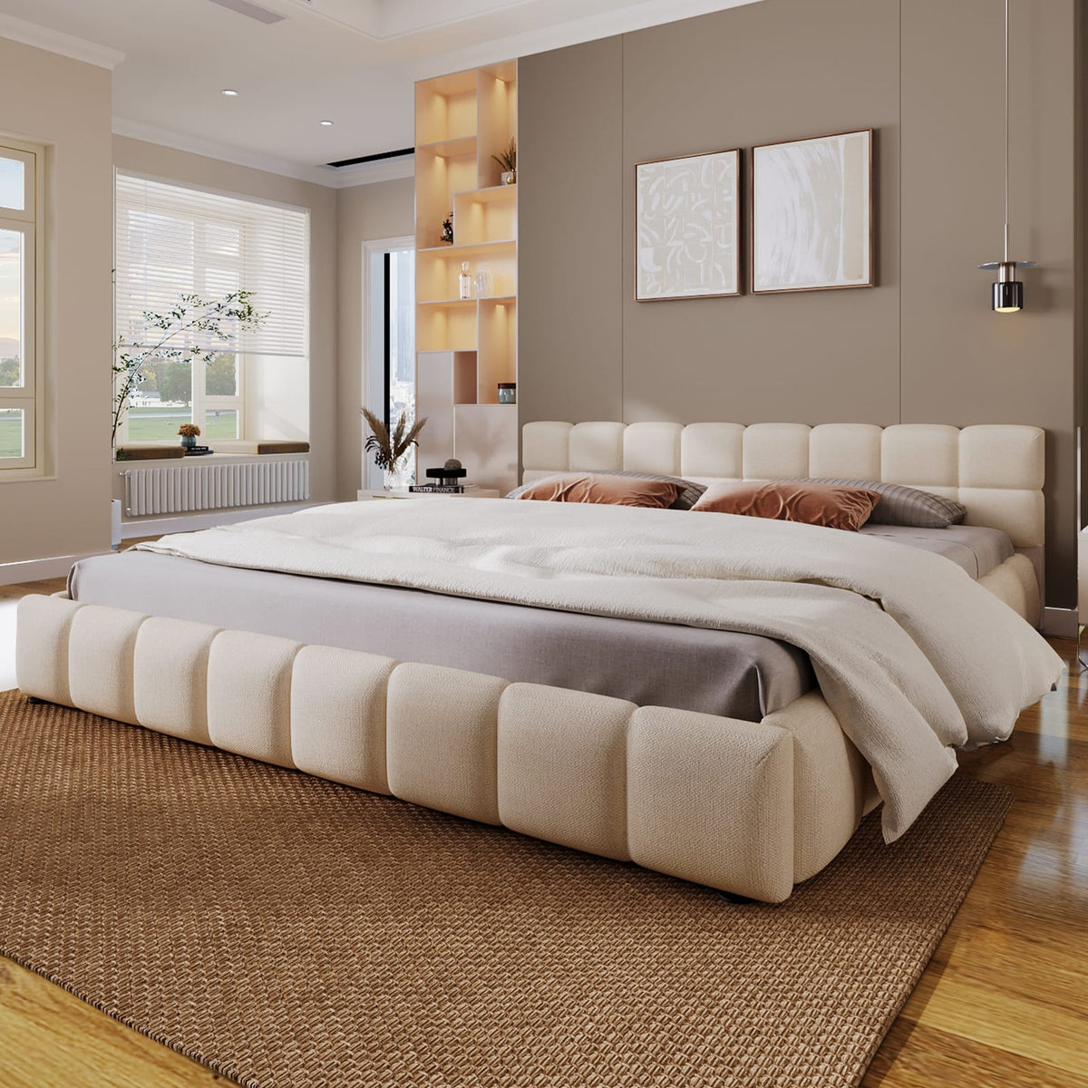 Beige Chenille Upholstered Queen Bed Frame with Checkerboard Design for Bedroom