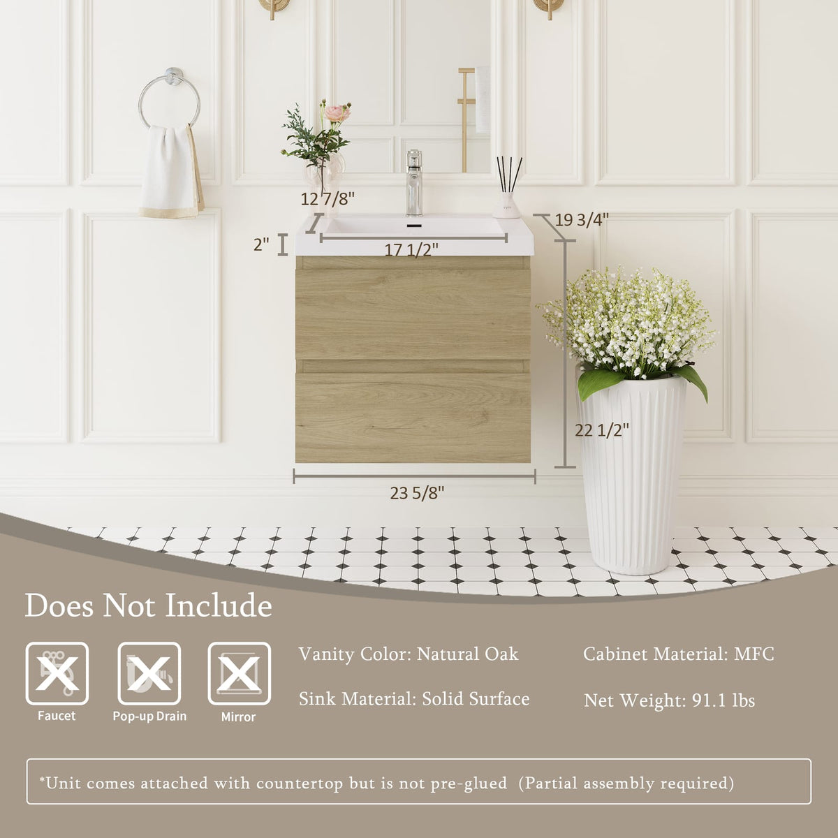 24 Inch Oak Wall-Mounted Bathroom Vanity with Resin Sink