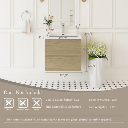 24 Inch Oak Wall-Mounted Bathroom Vanity with Resin Sink