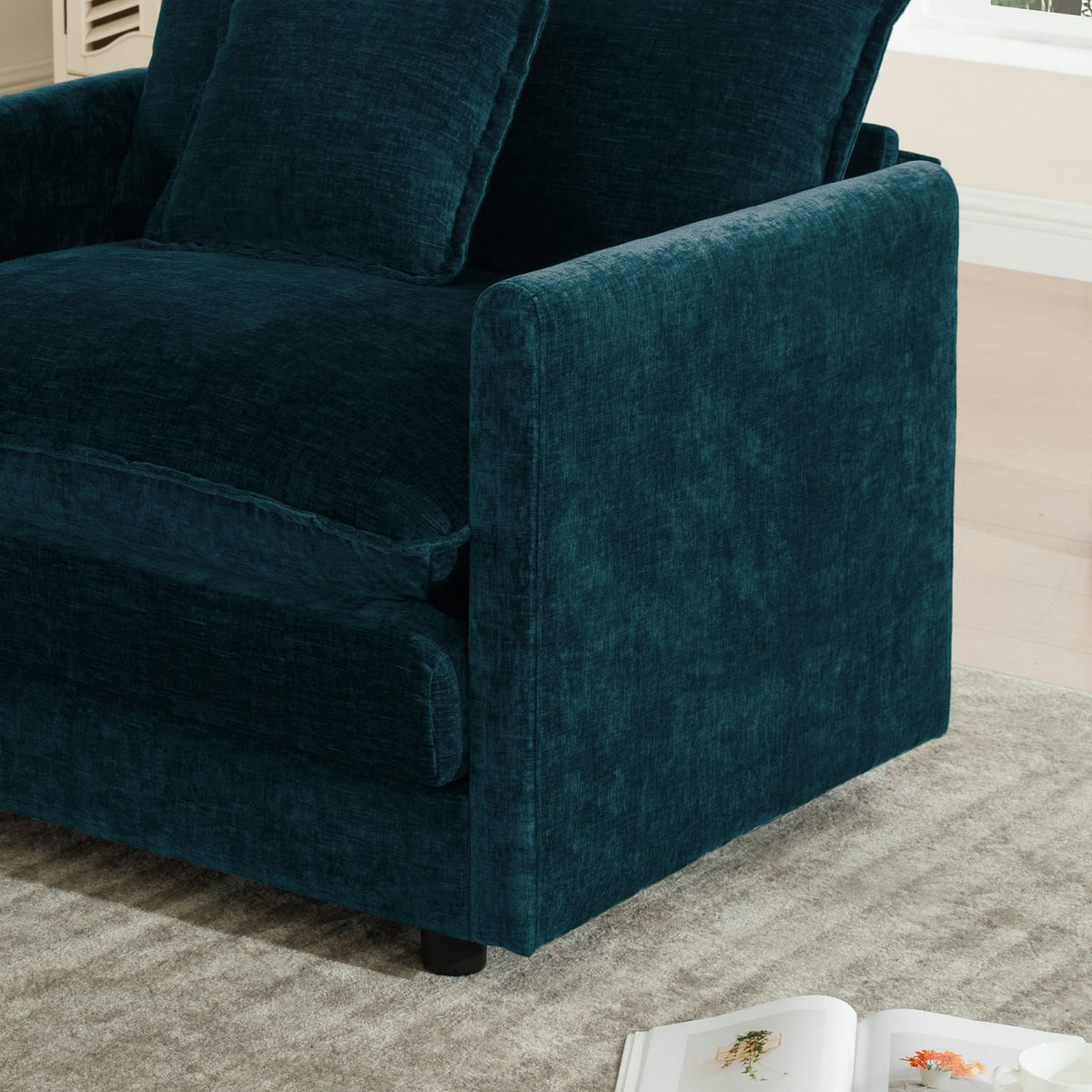 Upholstered Blue Chenille Sectional Sofa - 4 Piece with Ottomans