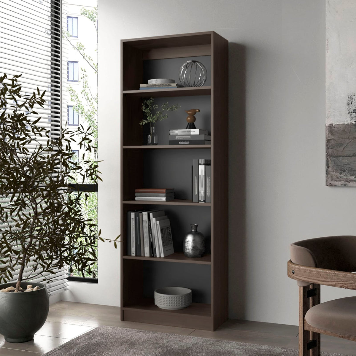 Stained Walnut Bookcase - 5 Shelves, Particle Board for Living Room