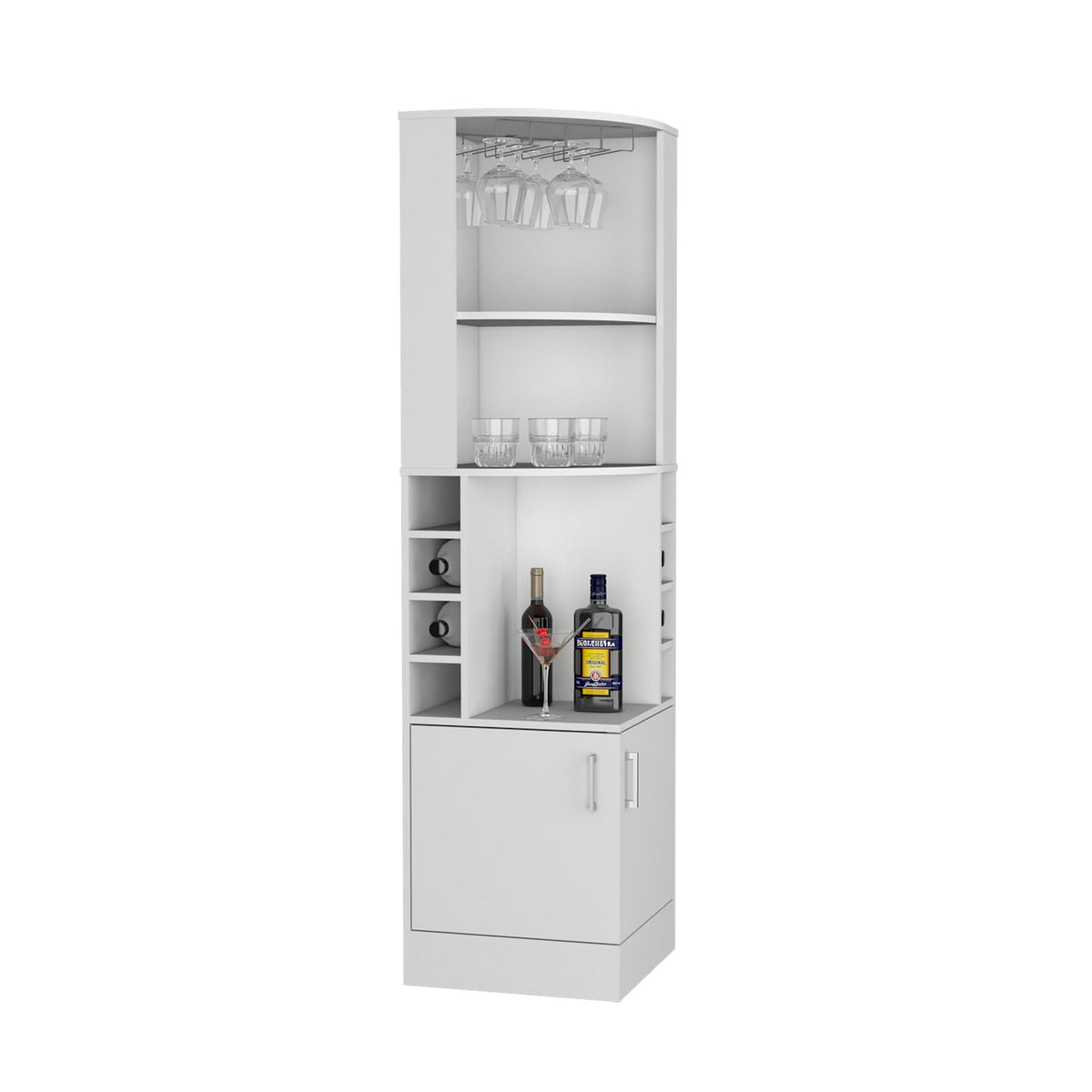 White Engineered Wood Corner Bar Cabinet - 8 Wine Racks