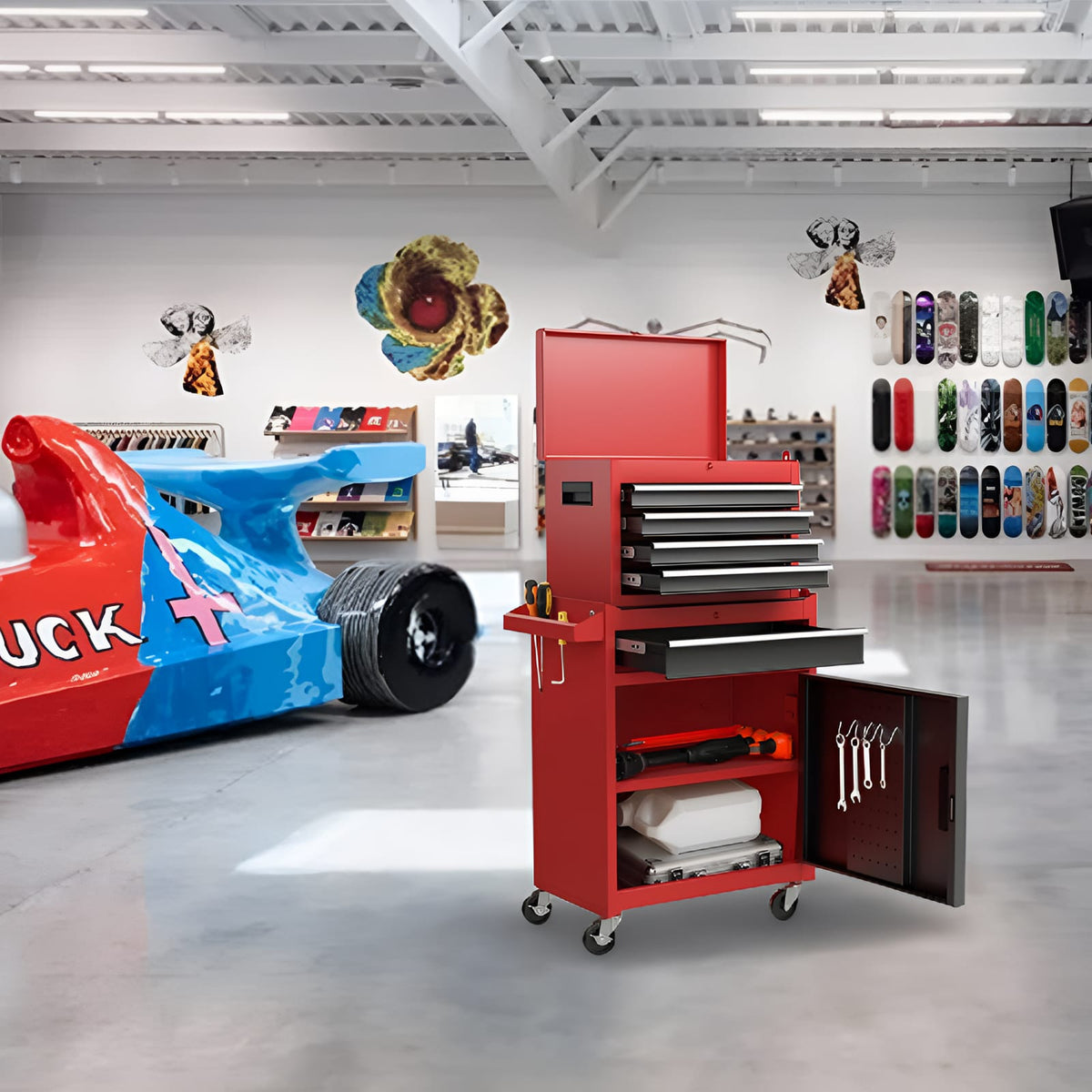 Red Steel Rolling Tool Chest with Detachable Storage Boxes for Garage