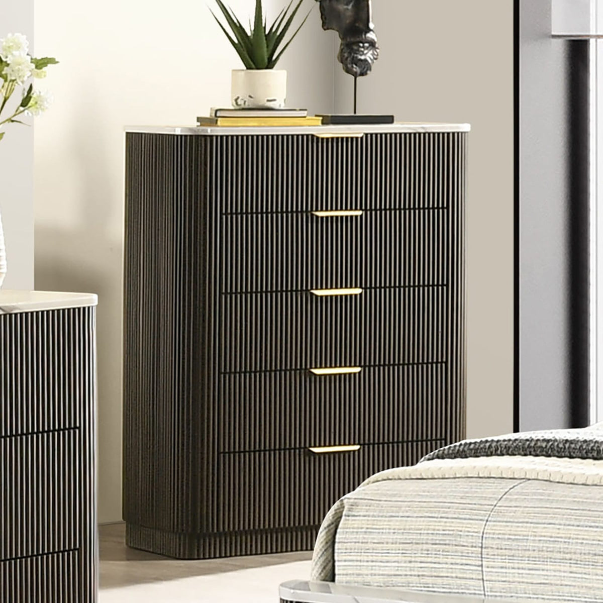 Dark Walnut Storage Chest with Marble Top for Bedroom Furniture