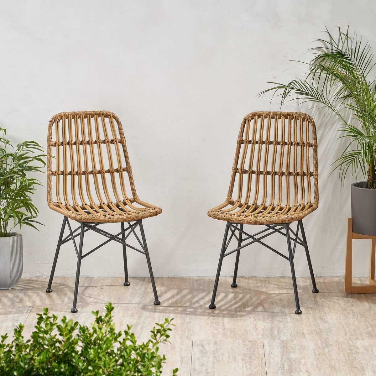 Light Brown Rattan Patio Dining Chairs - 3 Chair Set