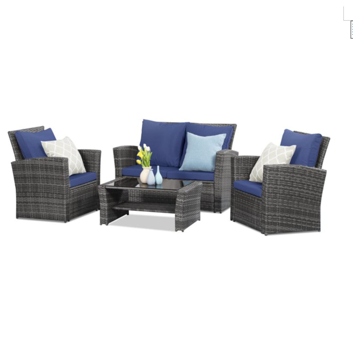 Blue Brown PE Rattan Patio Set with Glass Table for Poolside for Outdoor
