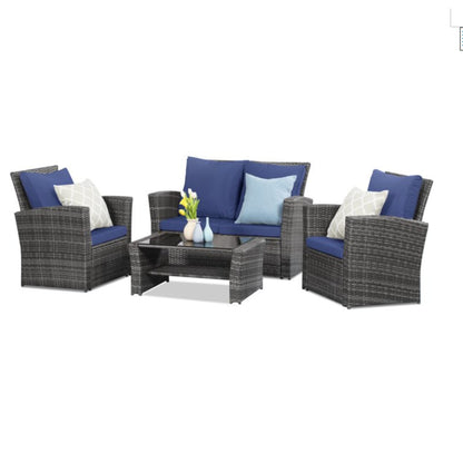 Blue Brown PE Rattan Patio Set with Glass Table for Poolside for Outdoor