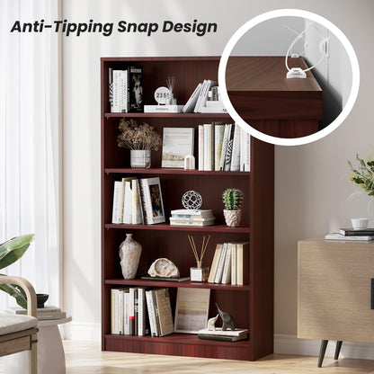 5-Shelf Mahogany MDF Bookcase - 60 Inch Tall Display Shelving for Living Room
