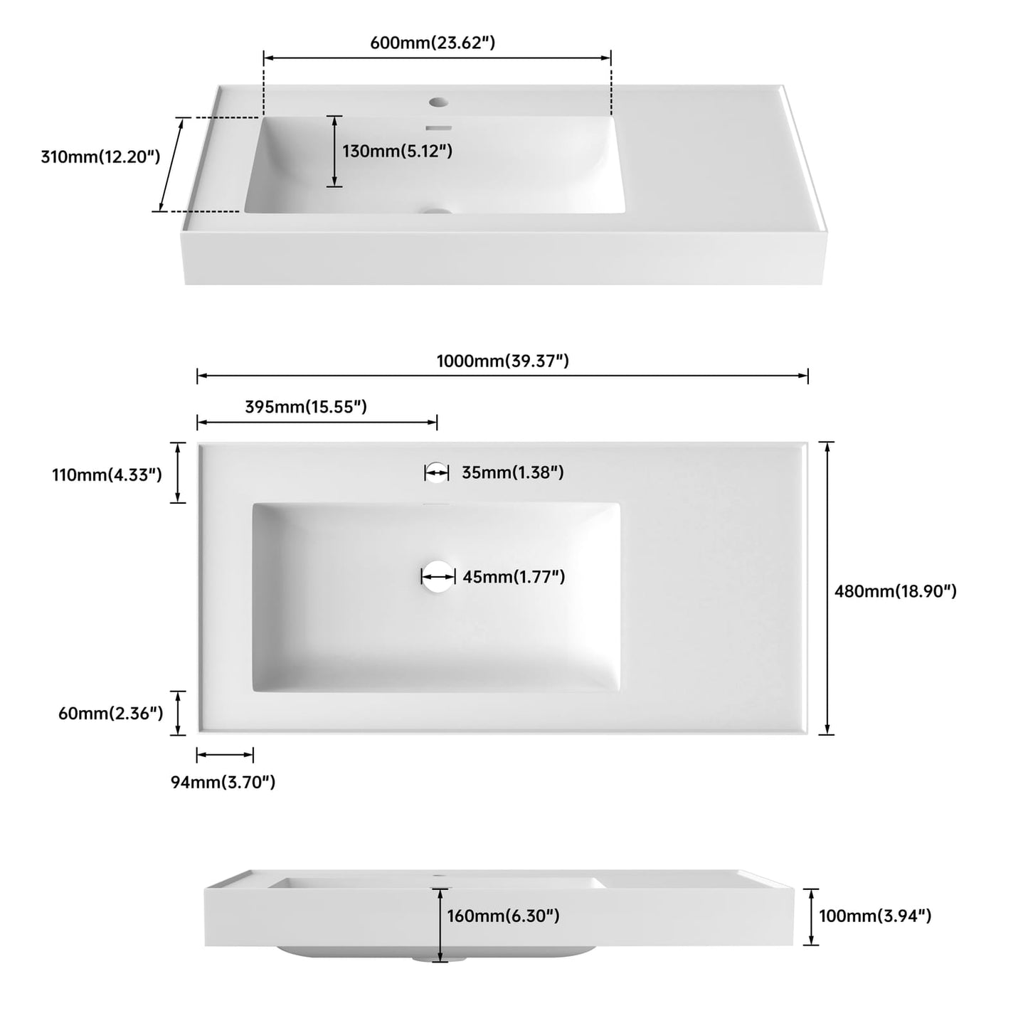 39 Inch White Solid Surface Bathroom Vanity