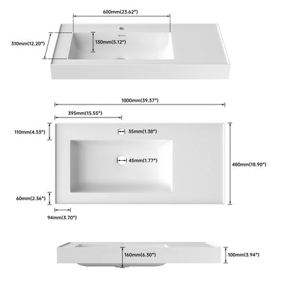 39 Inch White Solid Surface Bathroom Vanity