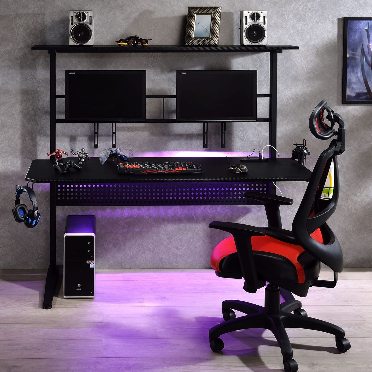 Black Gaming Desk with LED Light and Monitor Holders