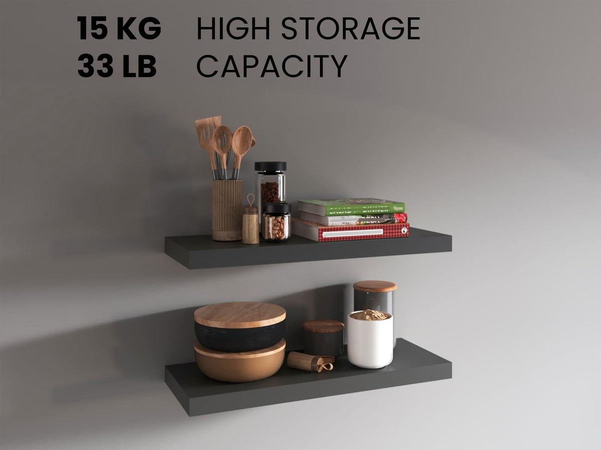 Grey Engineered Wood Floating Shelves - 2 Shelves for Living Room