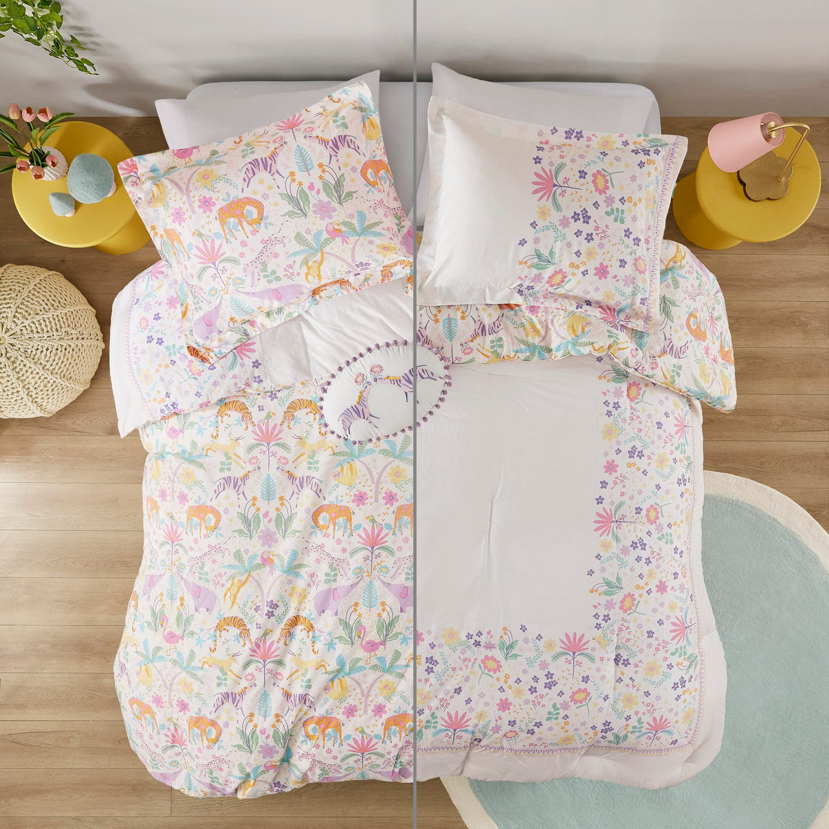 4 Piece Floral Reversible Cotton Comforter Set Purple