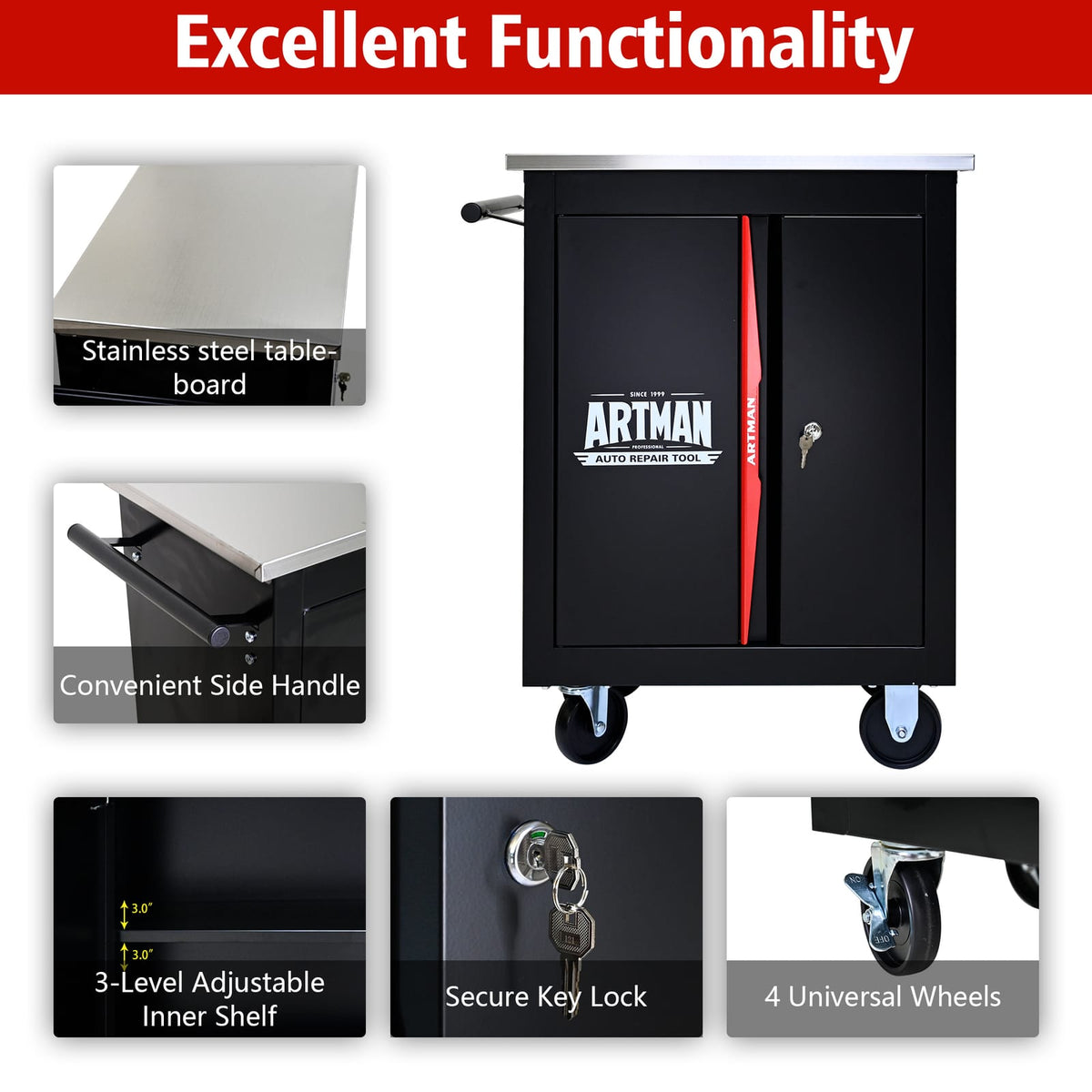 Black Red Steel Tool Cabinet Trolley - 4 Wheel Assembly Cart