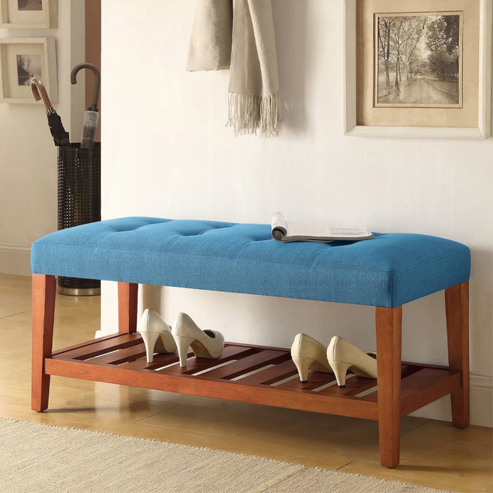 Blue Oak Storage Bench with Shelves - Armless