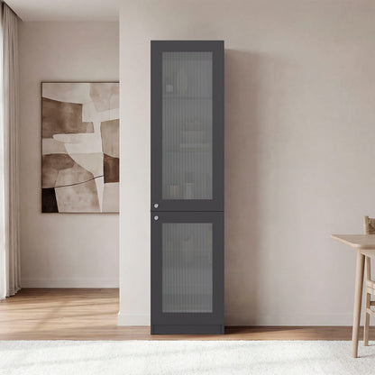 Tall Bookcase 71" H Gray+White Fluted Doors for Home Office