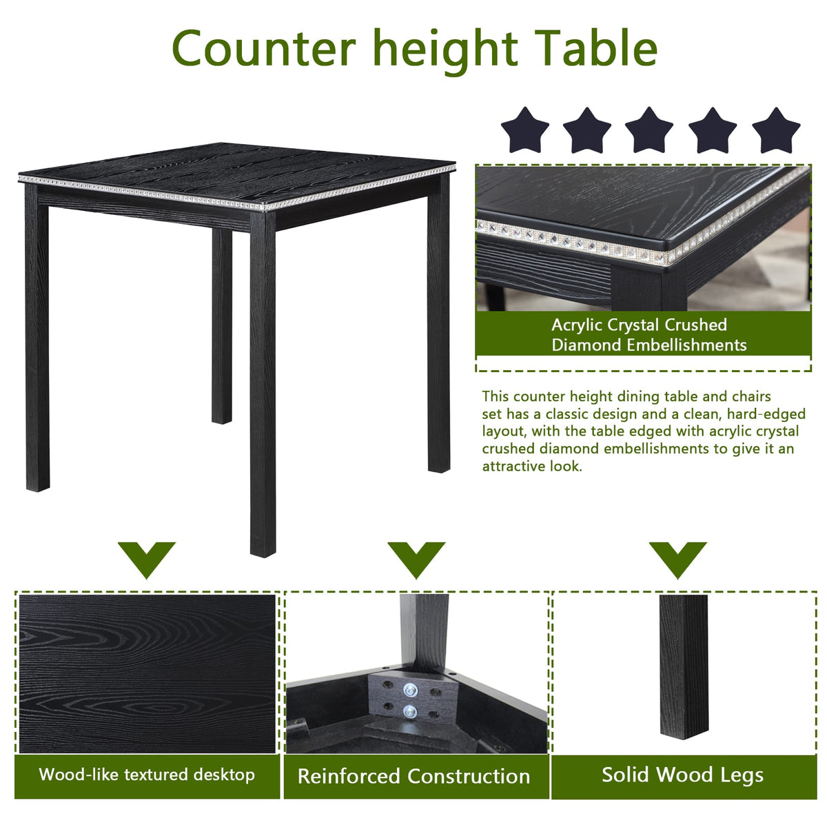 Black Square Dining Table Set - 4 Chairs