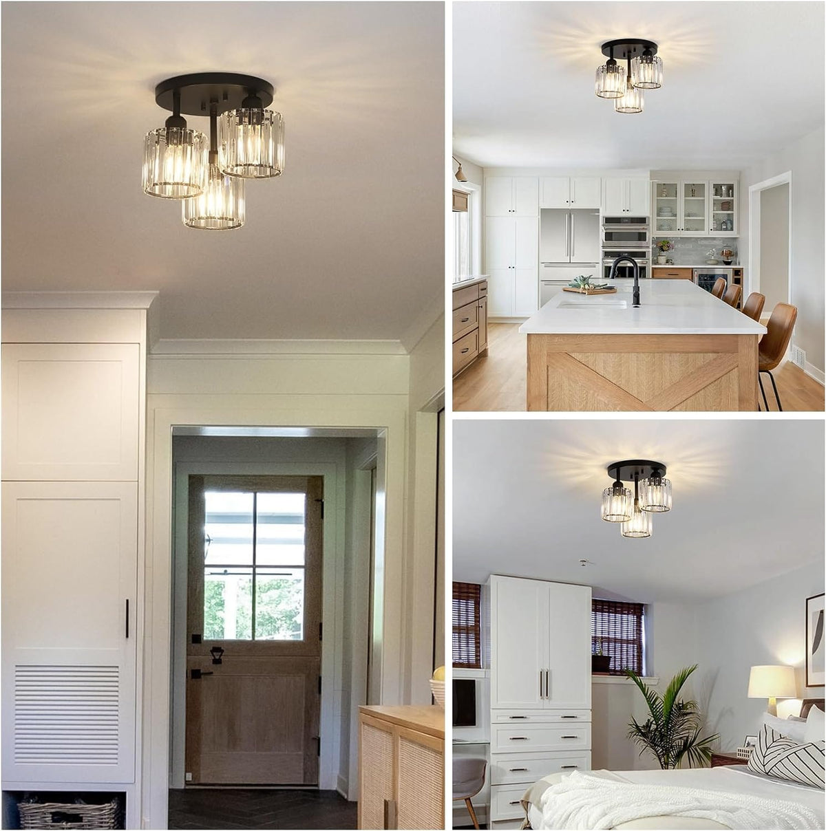 Black Crystal Flush Mount Ceiling Light - 3-Light Modern Fixture