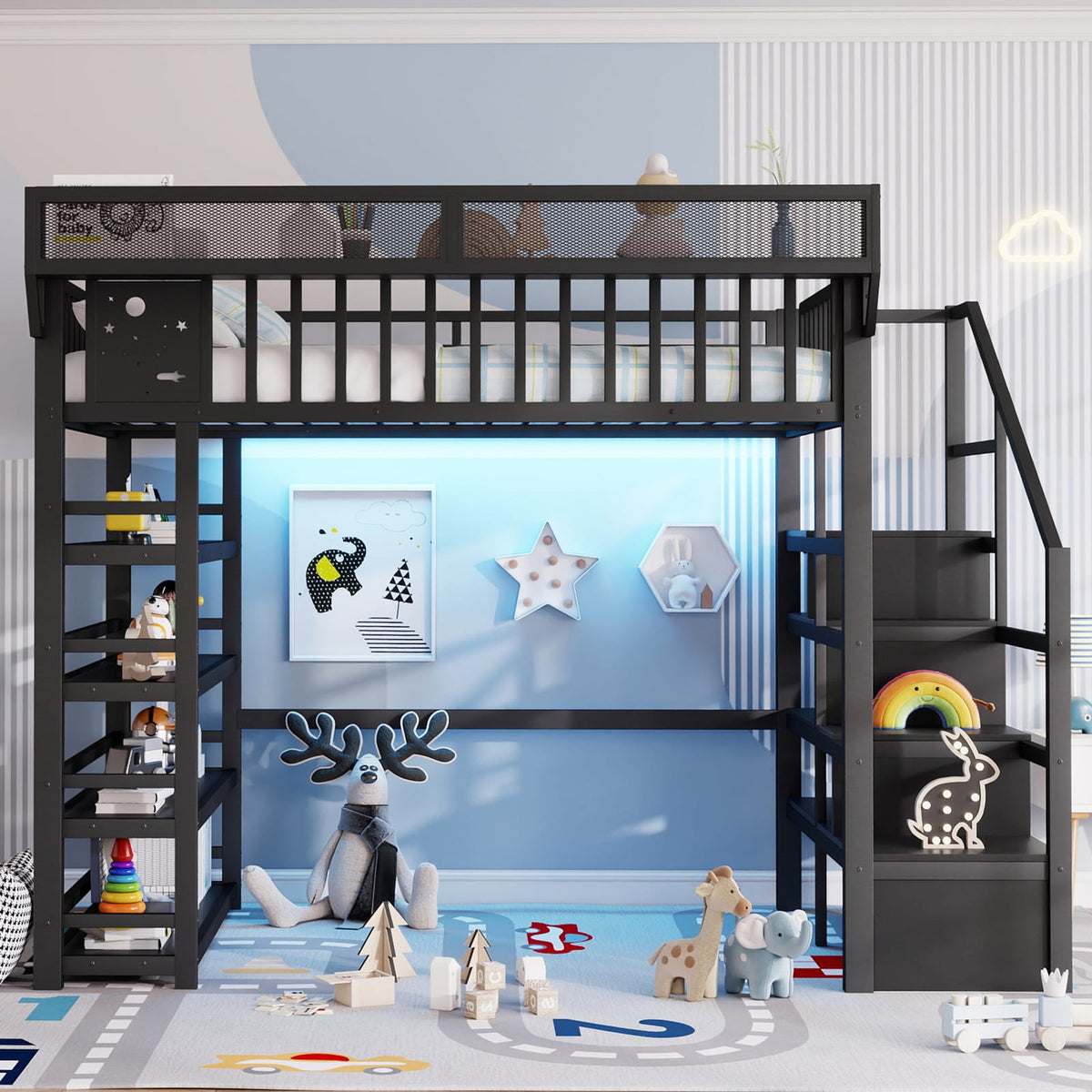Full Metal Loft Bed with Storage - Black | 4 Shelf & Charging