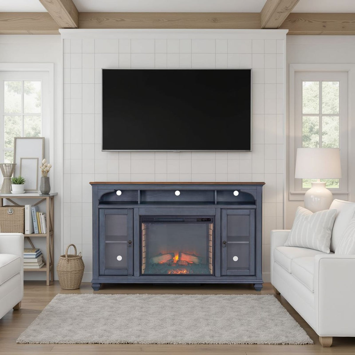 66" Blue Rubber Wood TV Stand for 80" TVs