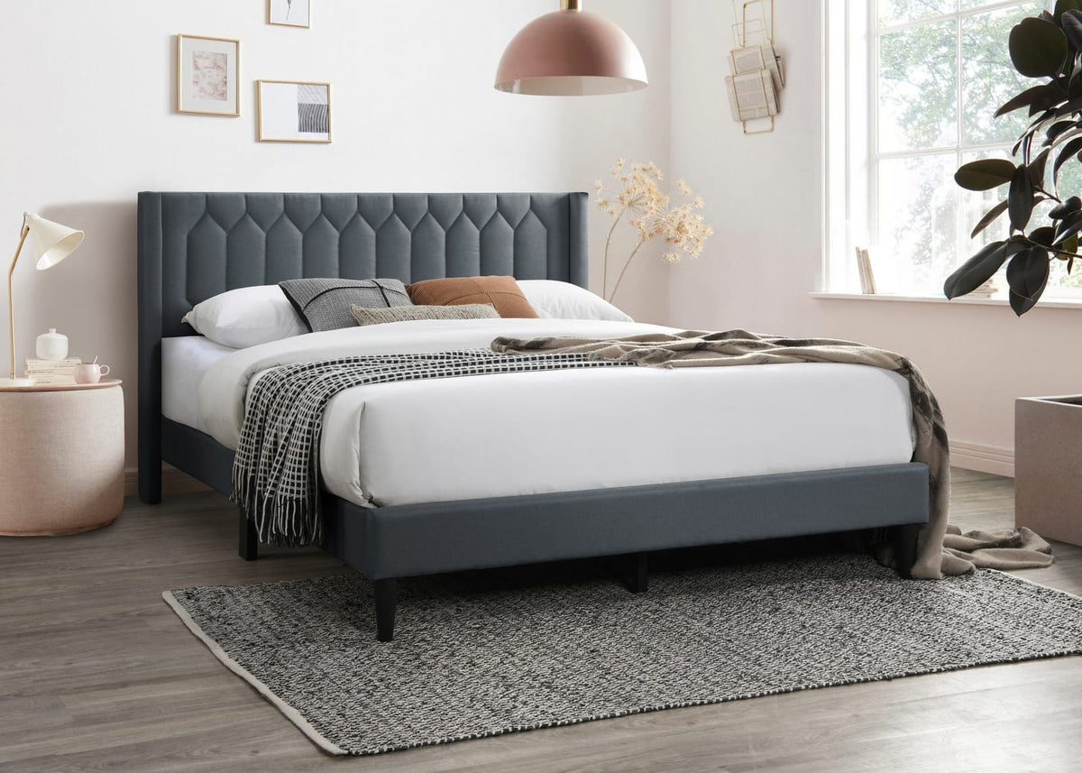Queen Burlap Bed Frame Charcoal Wood Modern