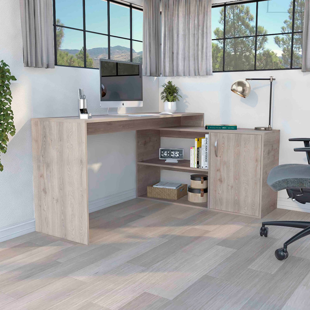 Modern Gray L-Shaped Computer Desk with Open Storage for Office