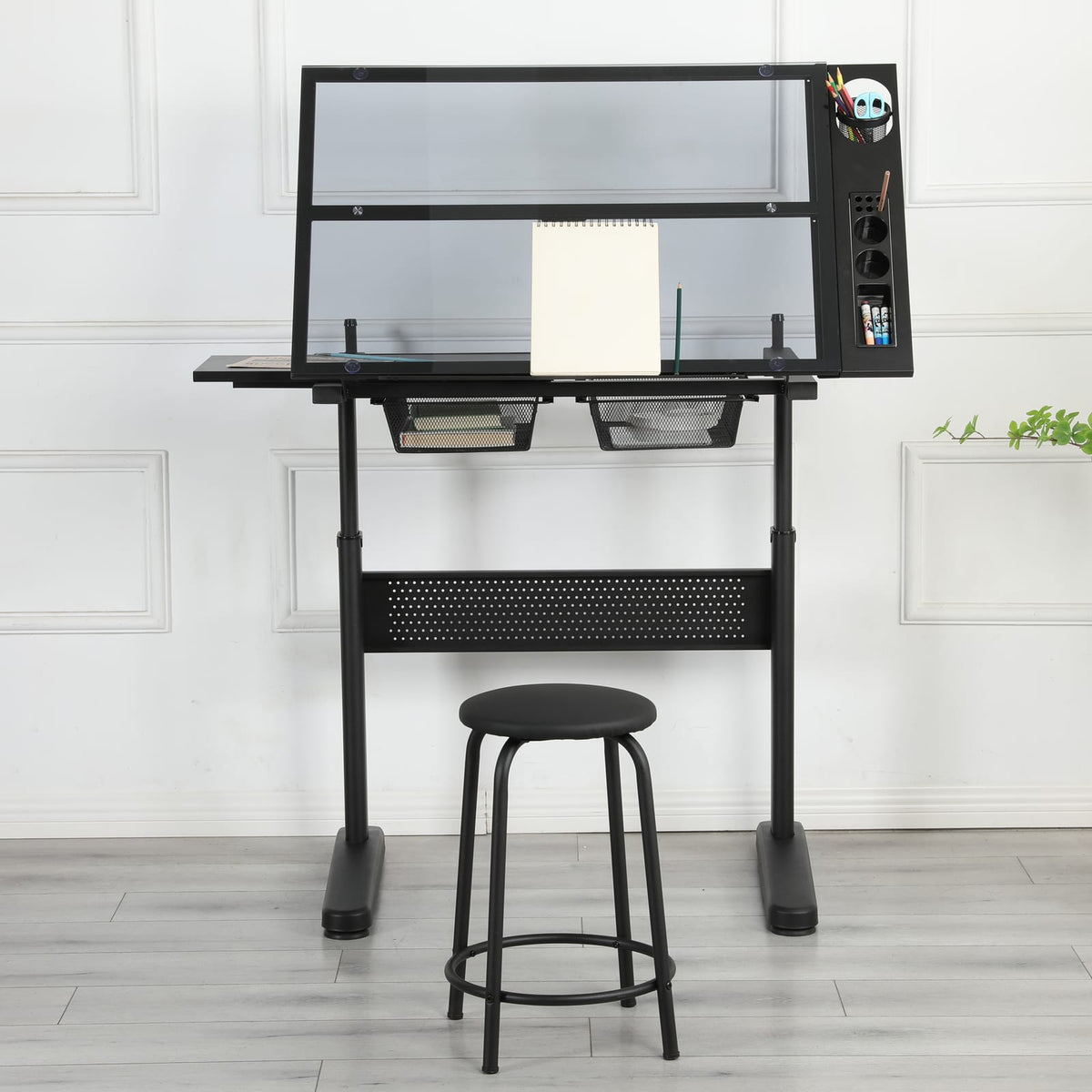Hand Crank Adjustable Drafting Table - Black with Stool