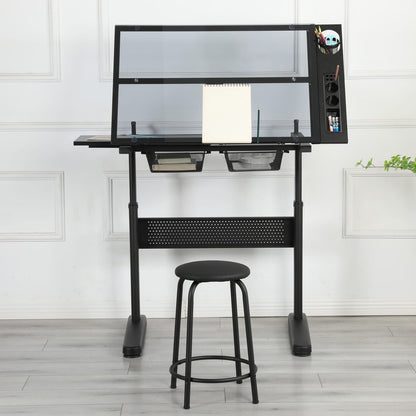 Hand Crank Adjustable Drafting Table - Black with Stool