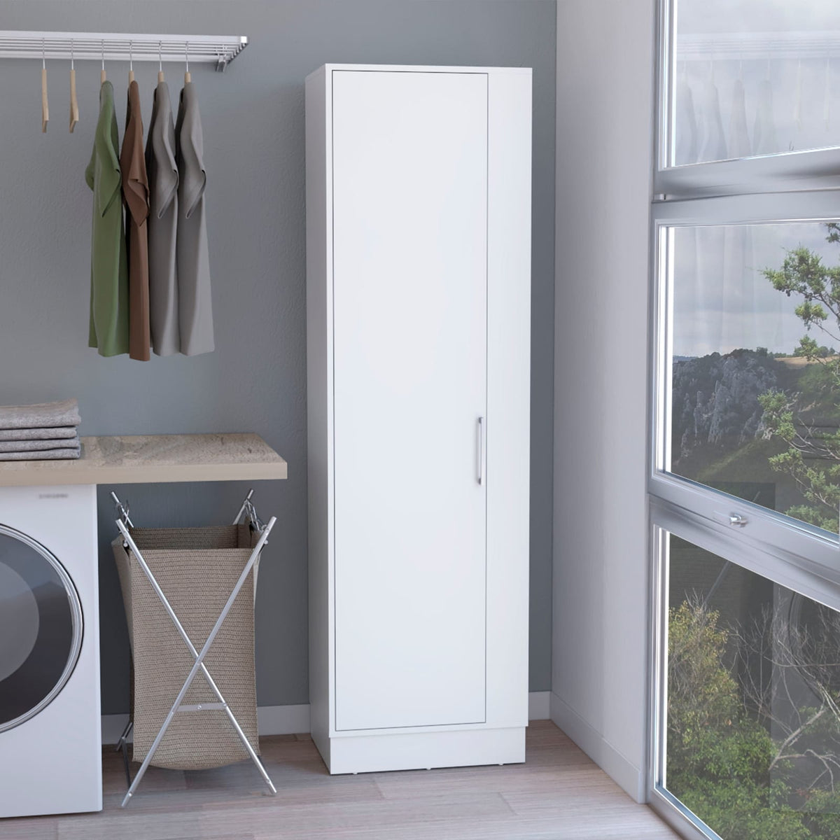 Storage Cabinet 72"H - White | Six Shelves, Broom Hangers