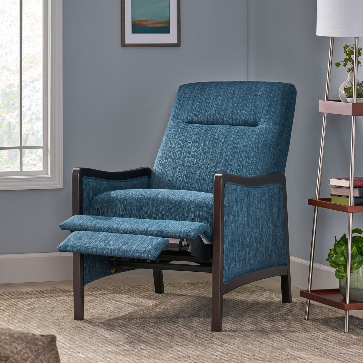 Navy Blue Fabric Recliner Mid-Century Modern Style - Pushback Sofa